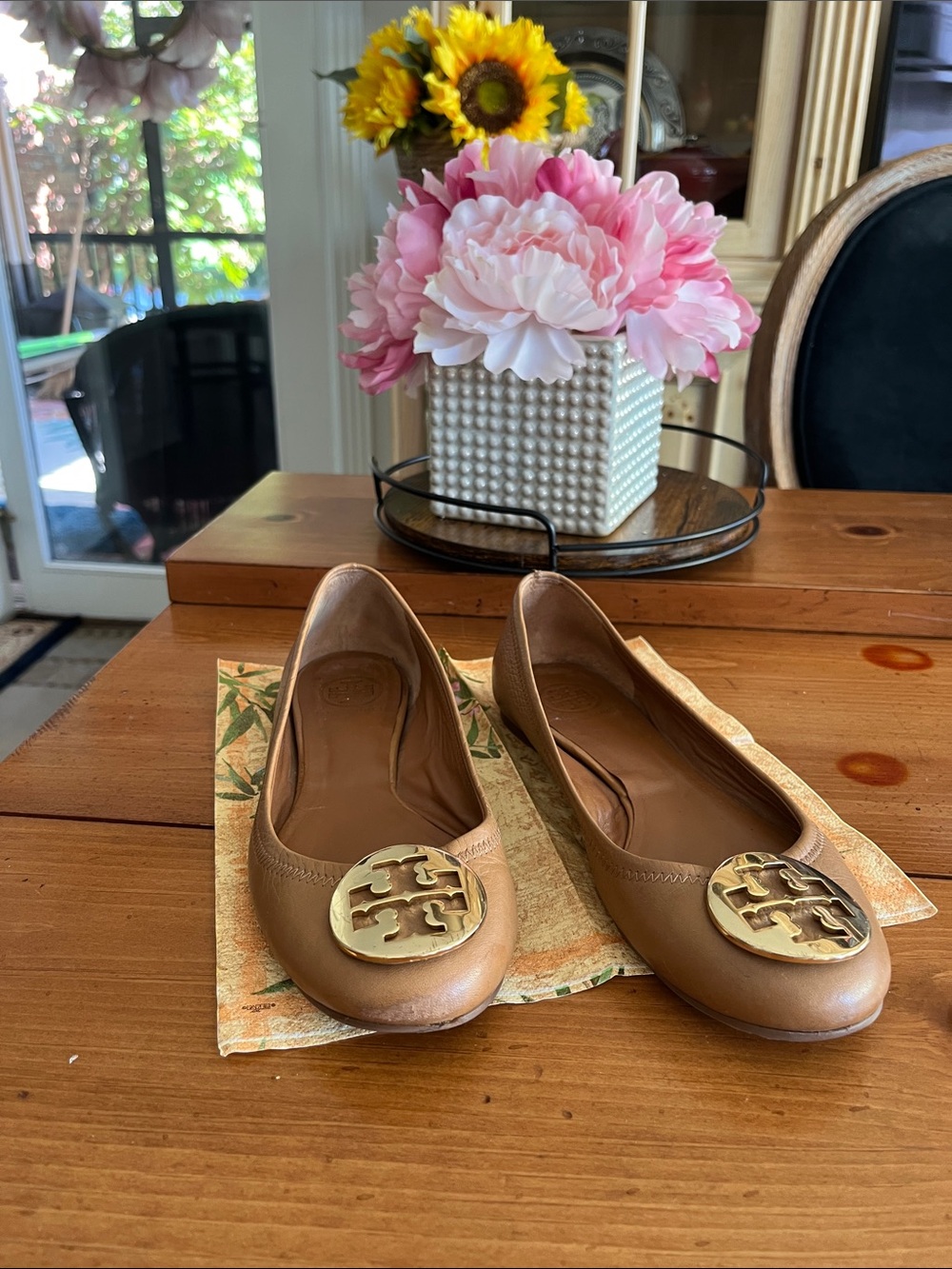 Tory Burch Tan Leather Ballet Flats with Gold Logo Medallion